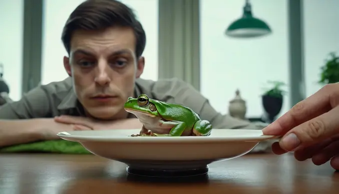 Man grimacing in contemplation at a frog on a plate. Image suggests overcoming hesitation to achieve a goal, referencing the book "Eat That Frog!