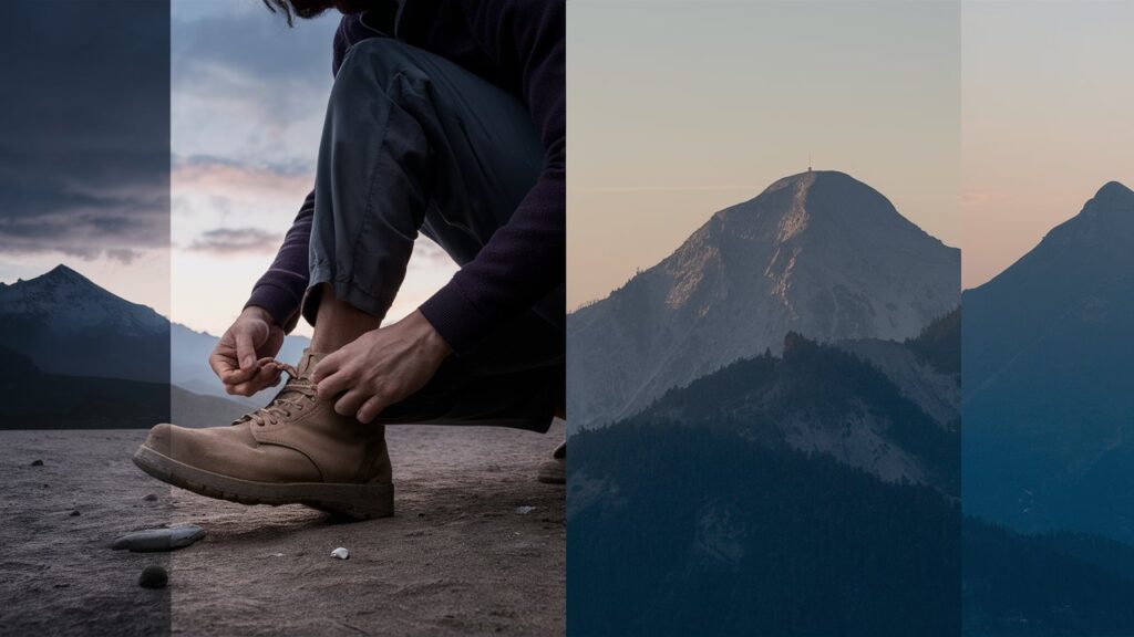 A person tying his shoe lace in front of a mountain track ready to venture into the mountains. This signifies the preparation and prioritization theme of the second and third chapters of Eat That Frog Book by Brian Tracy