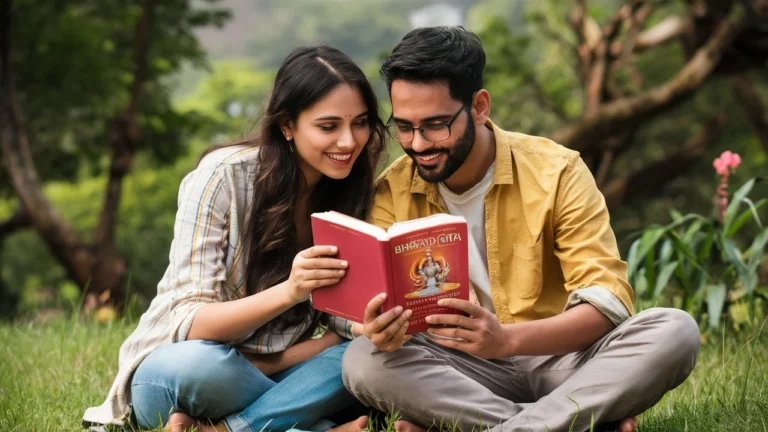 Married couple sitting and reading bhagavad gita