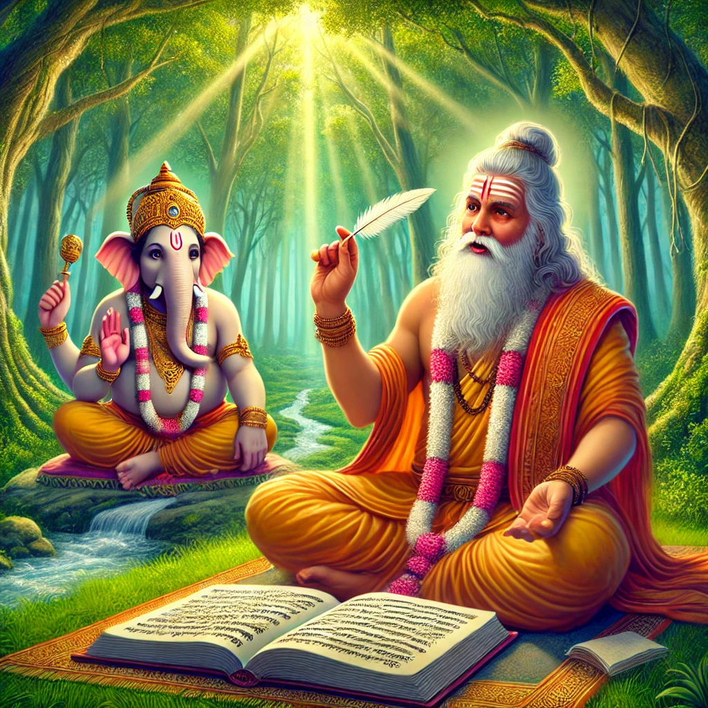 Maharishi Ved Vyas reciting the bhagavad gita to Lord Ganesha