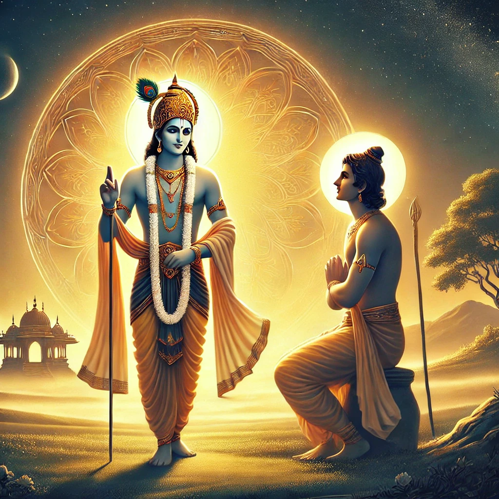 Krishna imparting knowledge to Arjuna