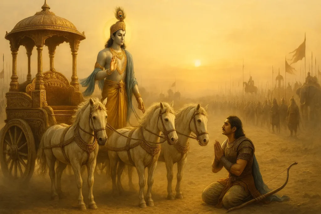 Krishna and arjuna on the battlefield of Kurukshetra discussing bhagavad gita
