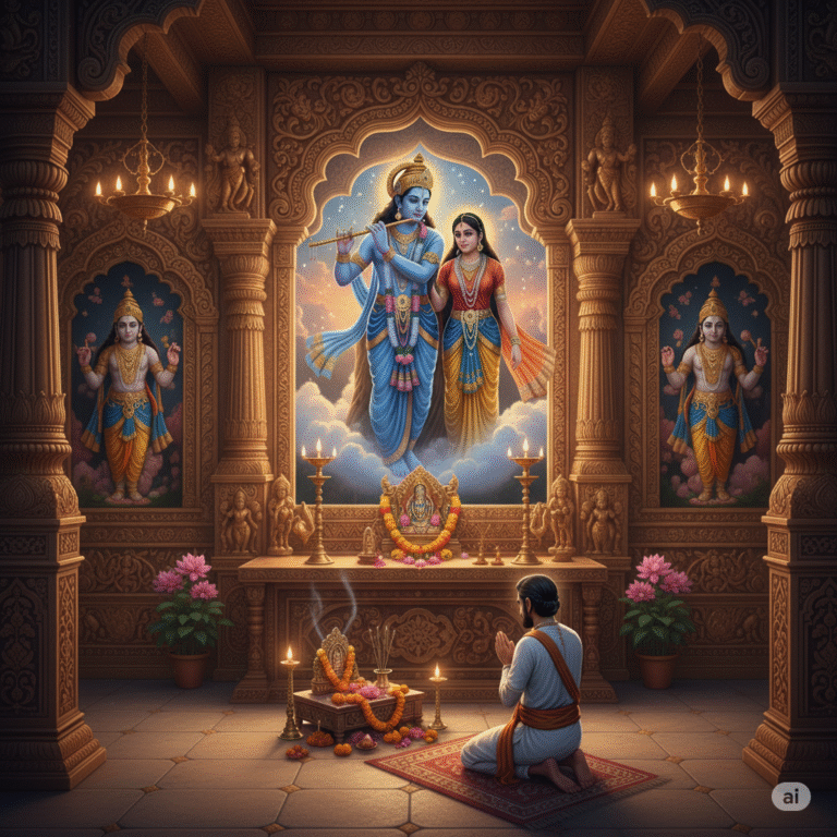 a devotee worshipping Radha Krishna